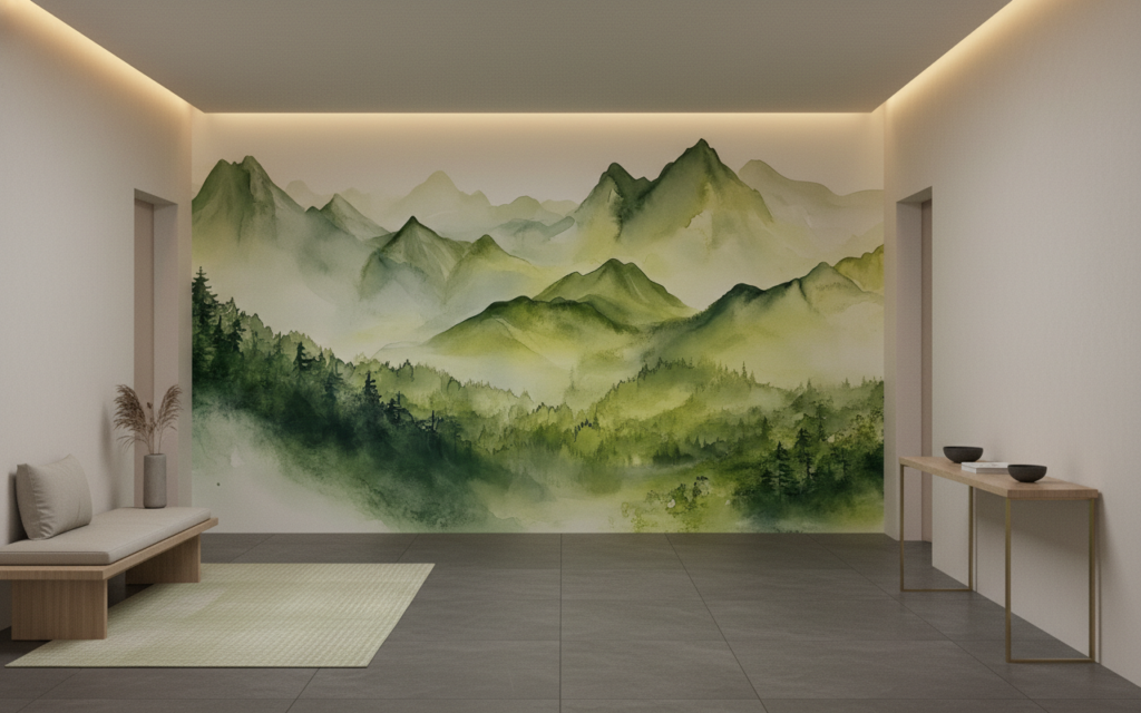 Papier Peint Montagnes Aquarelle Brume Verte Naturelle Panoramique - Couloir