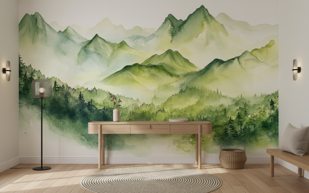 Papier Peint Montagnes Aquarelle Brume Verte Naturelle Panoramique - Entrée