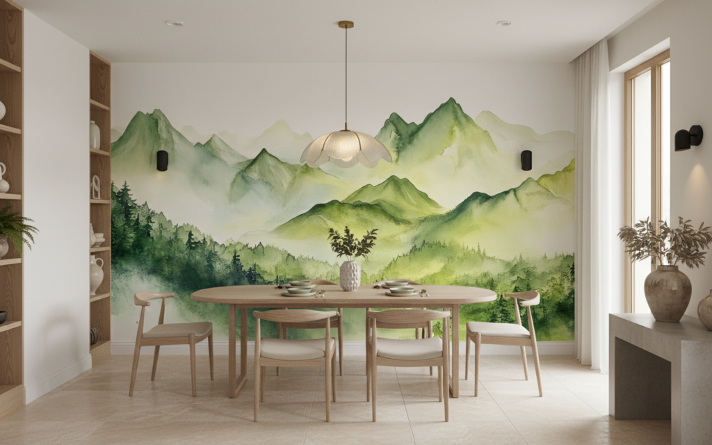 Papier Peint Montagnes Aquarelle Brume Verte Naturelle Panoramique - Salle à manger