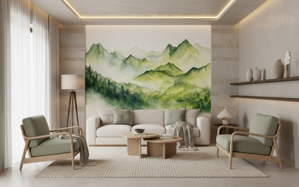 Papier Peint Montagnes Aquarelle Brume Verte Naturelle Panoramique - Salon / Séjour
