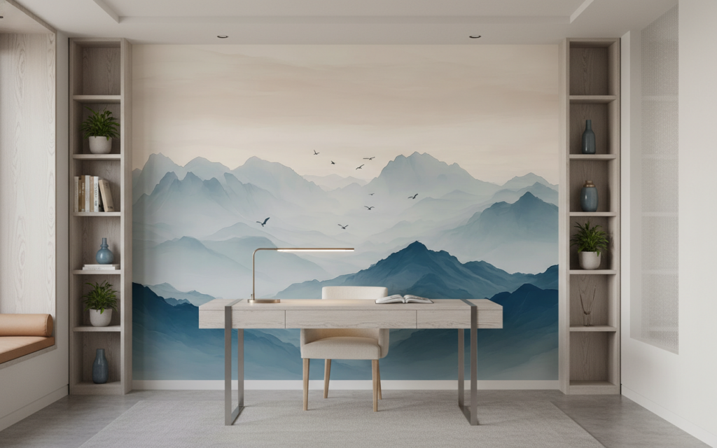 Papier Peint Montagnes Brumeuses et Oiseaux Style Aquarelle Zen - Bureau