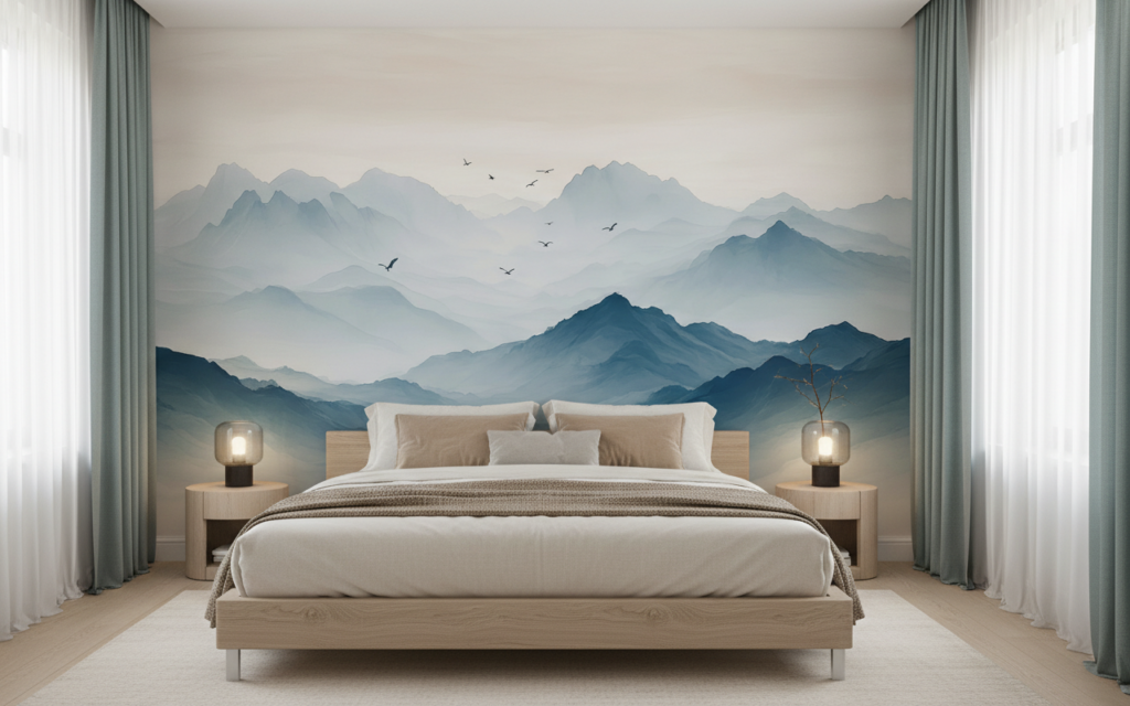 Papier Peint Montagnes Brumeuses et Oiseaux Style Aquarelle Zen - Chambre adulte