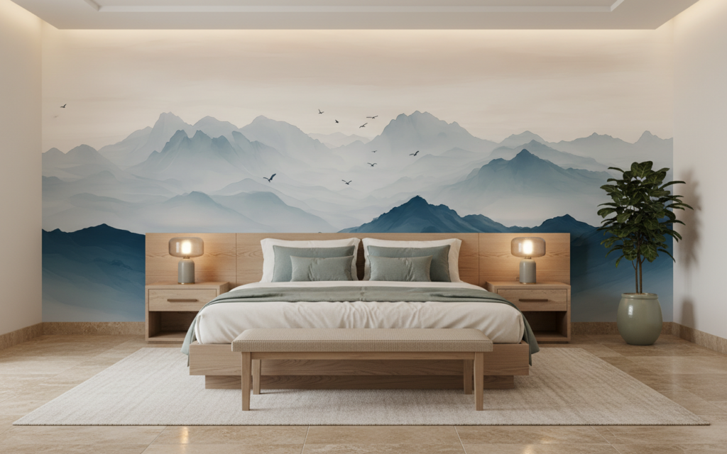 Papier Peint Montagnes Brumeuses et Oiseaux Style Aquarelle Zen - Hôtel