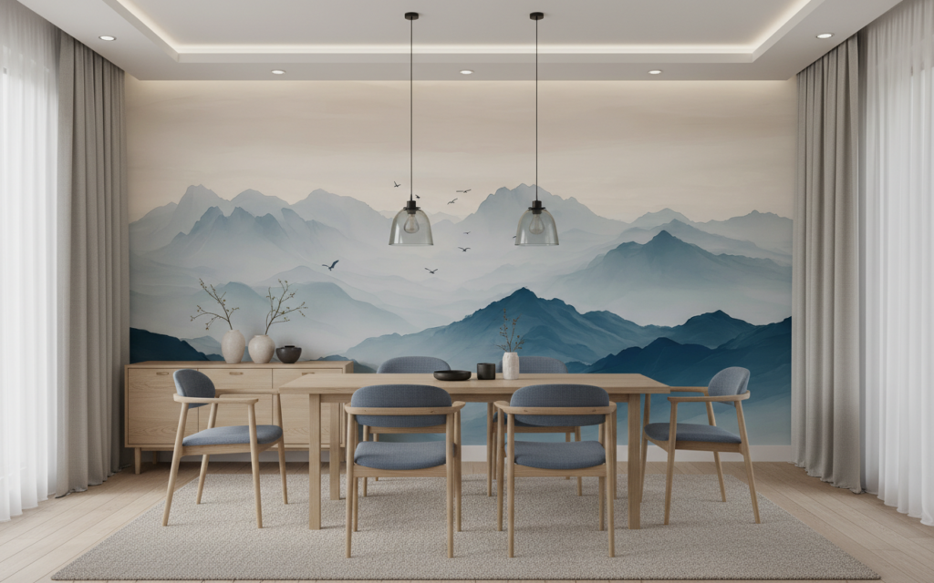 Papier Peint Montagnes Brumeuses et Oiseaux Style Aquarelle Zen - Salle à manger