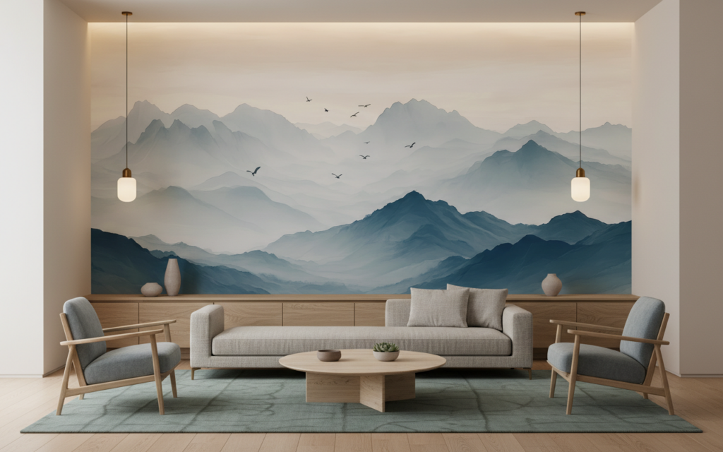 Papier Peint Montagnes Brumeuses et Oiseaux Style Aquarelle Zen - Salon / Séjour