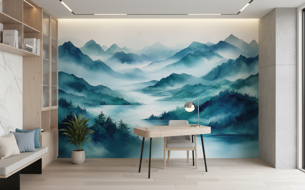 Papier Peint Montagnes Brumeuses Style Aquarelle Tons Bleus Apaisants - Bureau