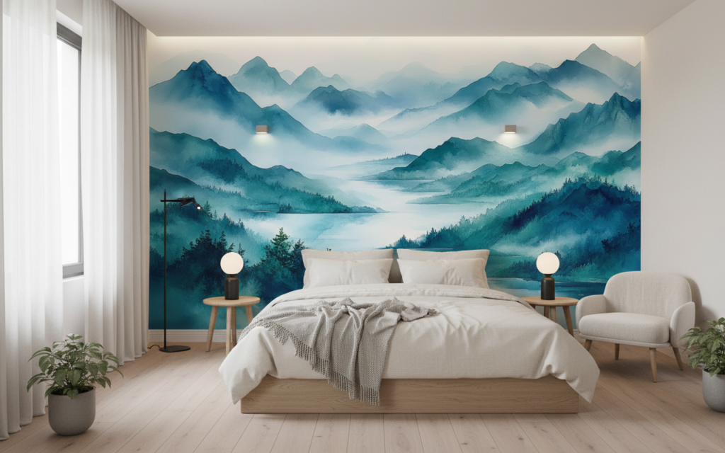 Papier Peint Montagnes Brumeuses Style Aquarelle Tons Bleus Apaisants - Chambre adulte