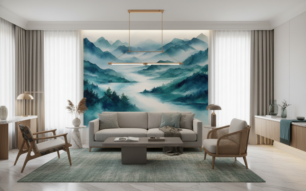 Papier Peint Montagnes Brumeuses Style Aquarelle Tons Bleus Apaisants - Hôtel