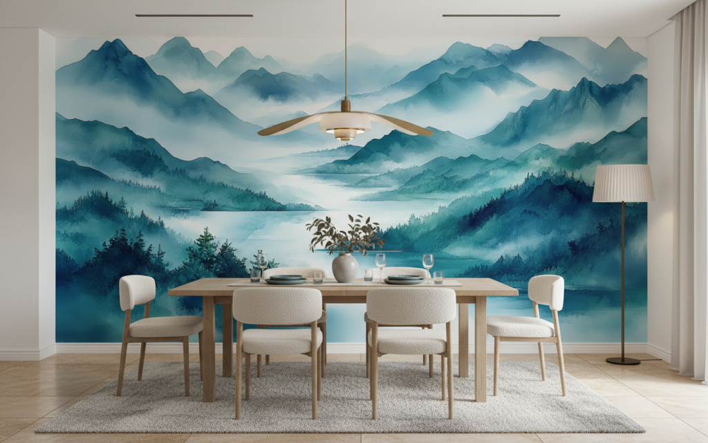 Papier Peint Montagnes Brumeuses Style Aquarelle Tons Bleus Apaisants - Salle à manger