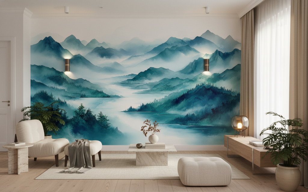 Papier Peint Montagnes Brumeuses Style Aquarelle Tons Bleus Apaisants - Salon / Séjour