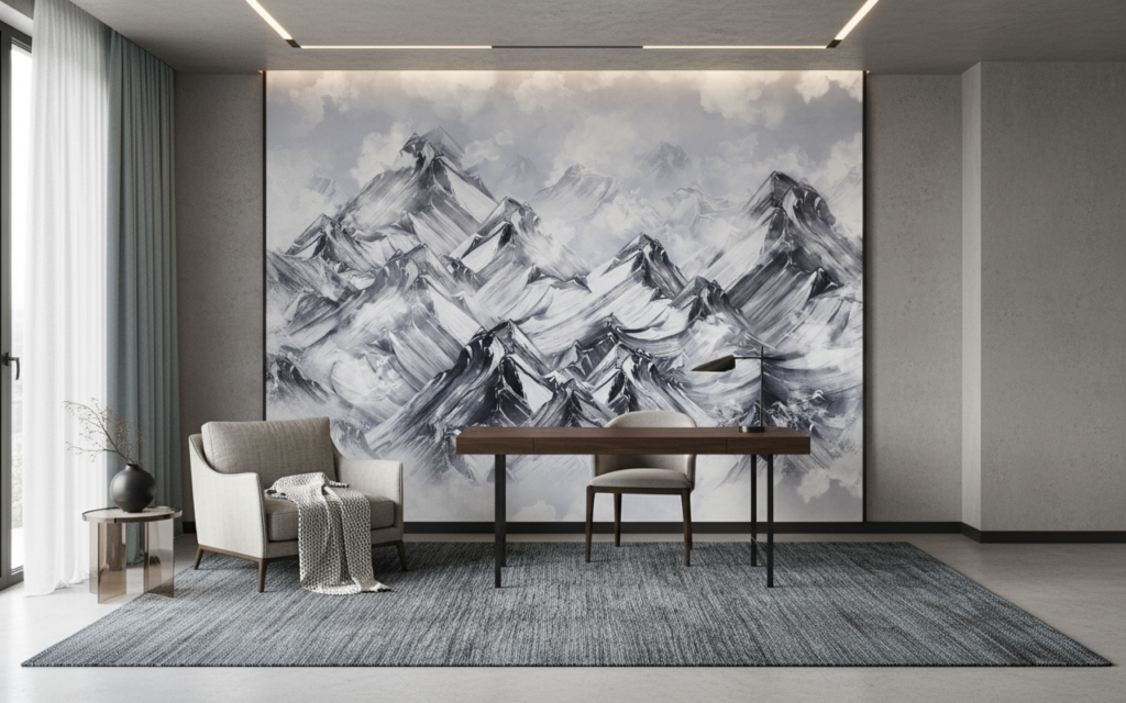 Papier Peint Montagnes Enneigées Panoramique Style Artistique Noir et Blanc - Bureau