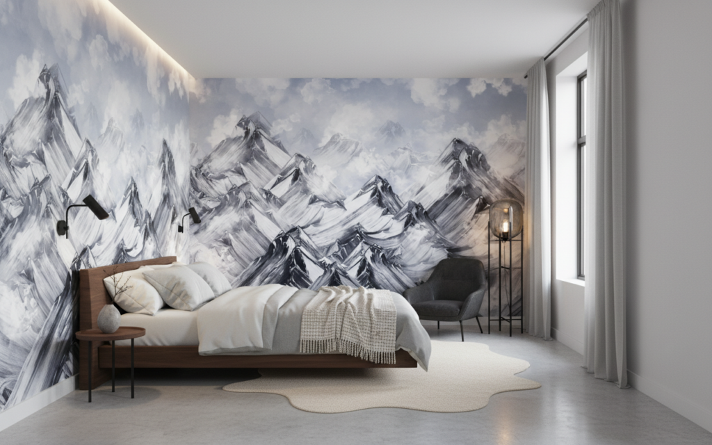 Papier Peint Montagnes Enneigées Panoramique Style Artistique Noir et Blanc - Chambre adulte