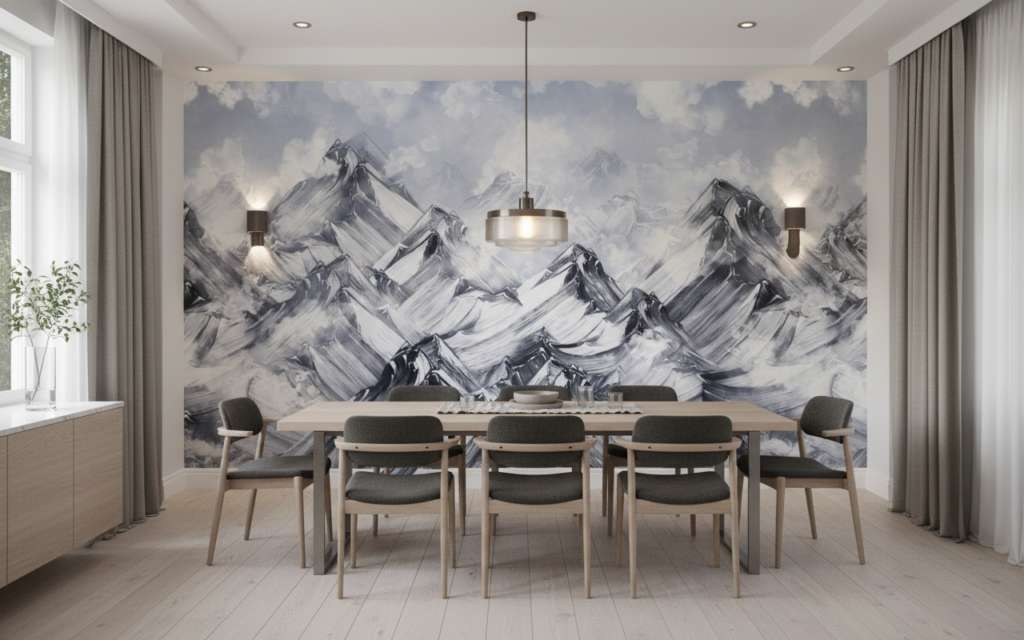Papier Peint Montagnes Enneigées Panoramique Style Artistique Noir et Blanc - Salle à manger