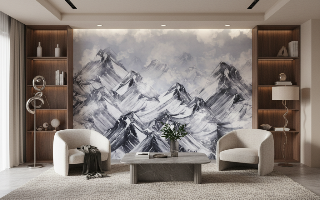 Papier Peint Montagnes Enneigées Panoramique Style Artistique Noir et Blanc - Salon / Séjour