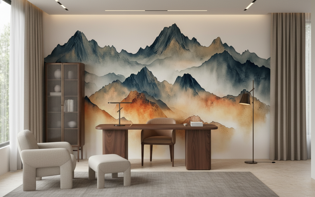 Papier Peint Montagnes Majestueuses aux Teintes Aquarelles Dégradées - Bureau