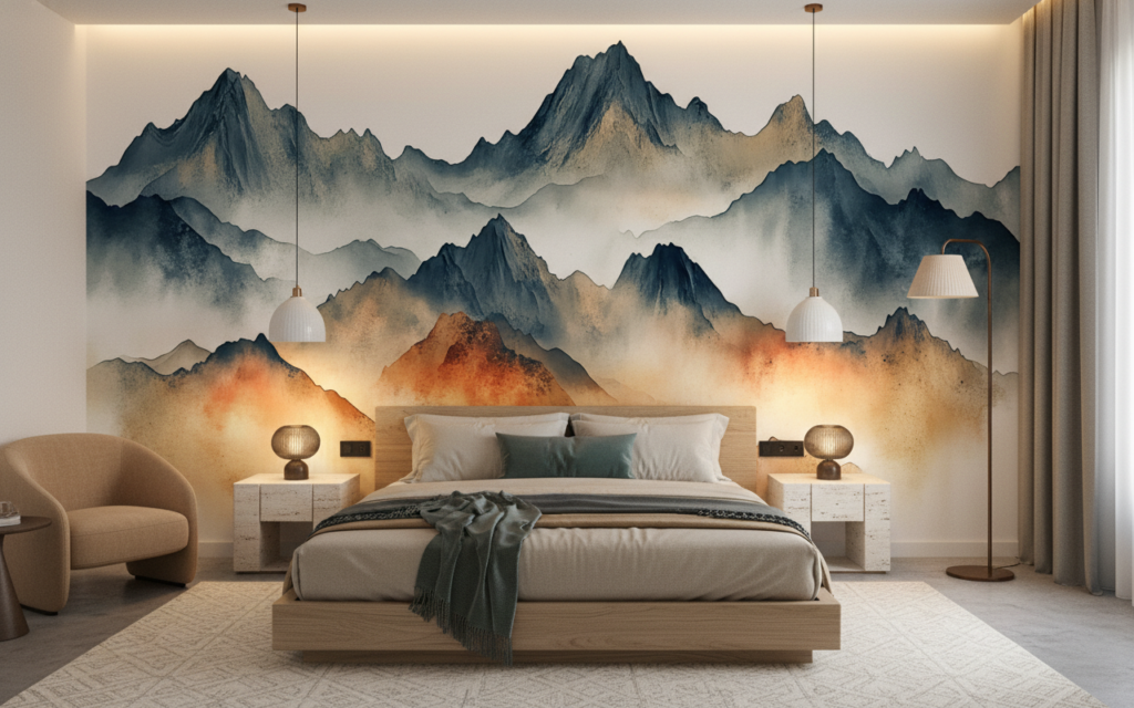 Papier Peint Montagnes Majestueuses aux Teintes Aquarelles Dégradées - Hôtel