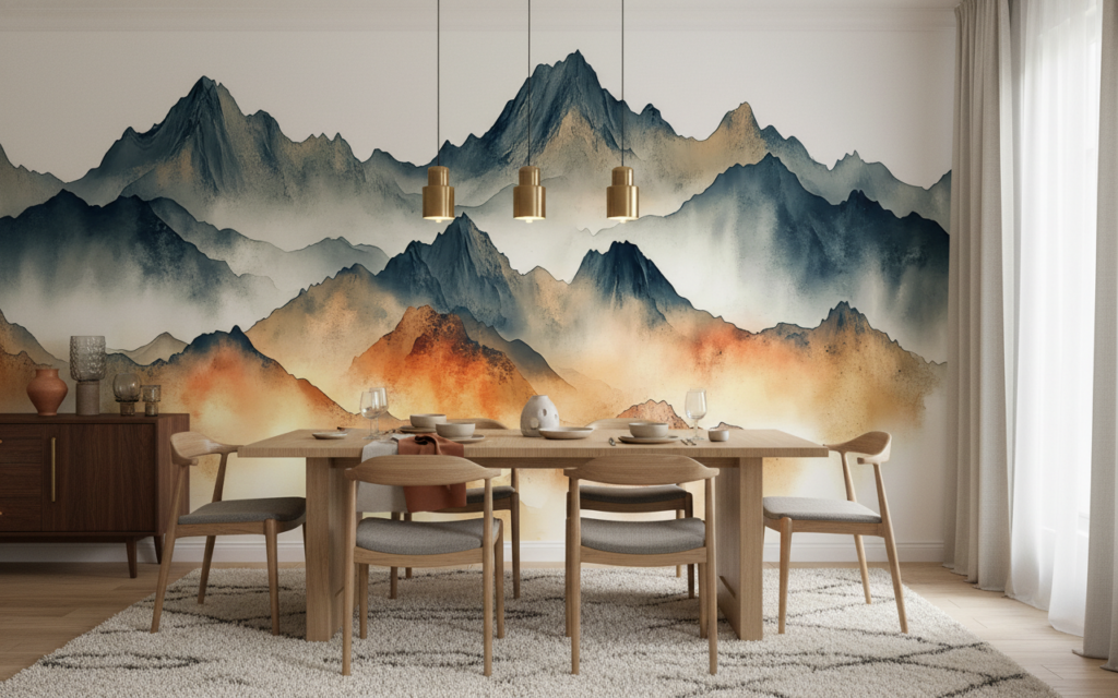 Papier Peint Montagnes Majestueuses aux Teintes Aquarelles Dégradées - Salle à manger