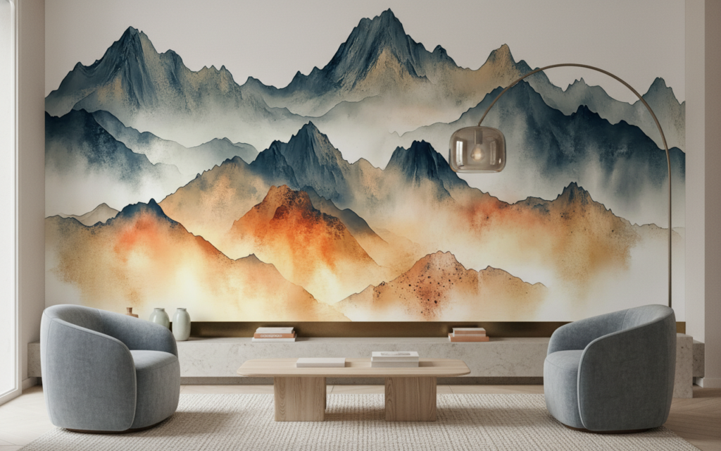 Papier Peint Montagnes Majestueuses aux Teintes Aquarelles Dégradées - Salon / Séjour