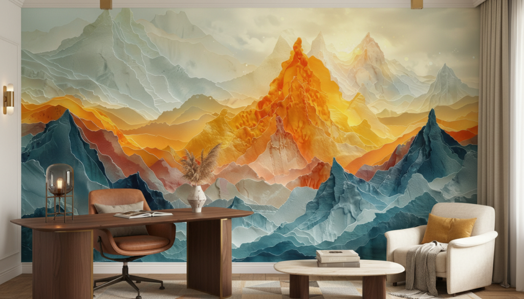 Papier Peint Montagnes Majestueuses Coucher de Soleil Doré - Bureau