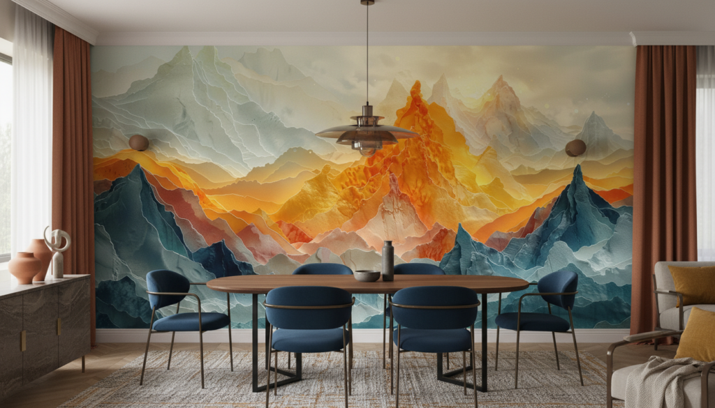 Papier Peint Montagnes Majestueuses Coucher de Soleil Doré - Salle à manger