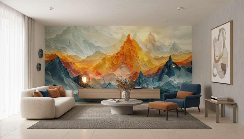 Papier Peint Montagnes Majestueuses Coucher de Soleil Doré - Salon / Séjour