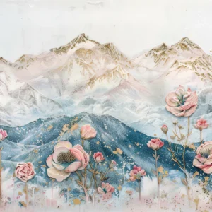 Papier peint montagnes pastels avec fleurs roses romantiques aquarelle