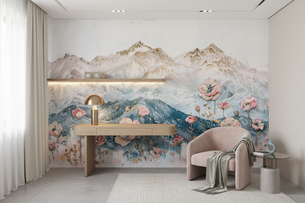Papier peint montagnes pastels avec fleurs roses romantiques aquarelle - Bureau