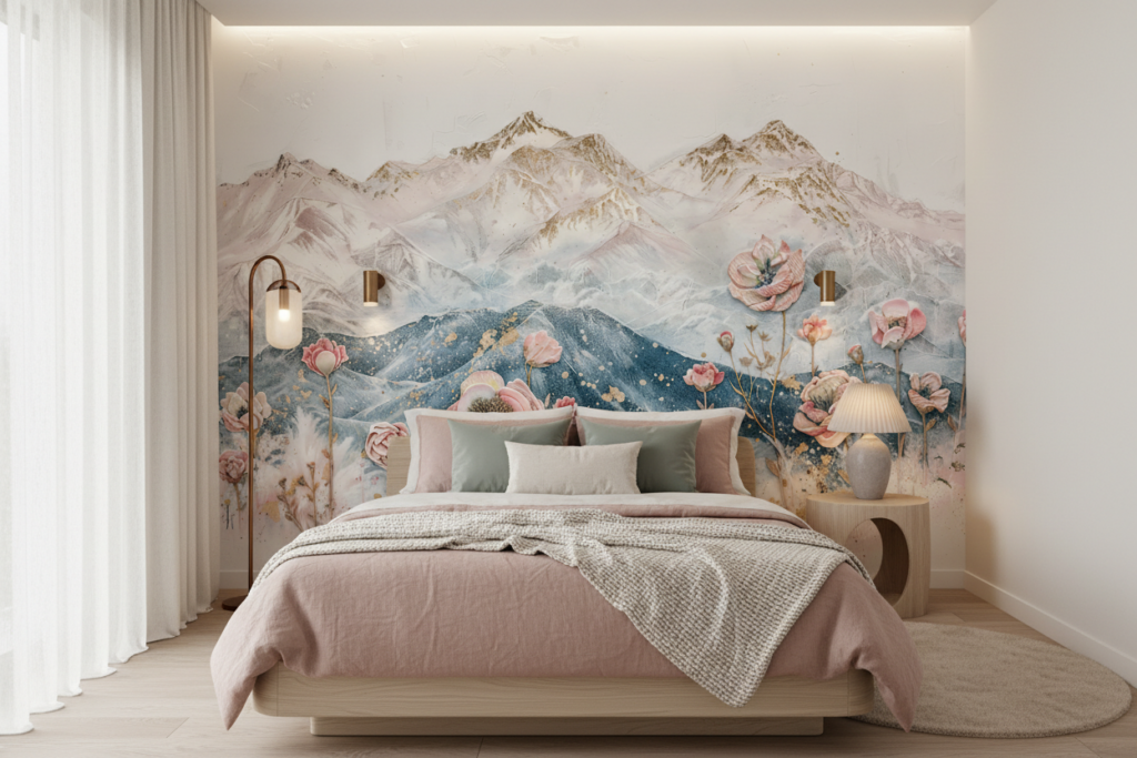 Papier peint montagnes pastels avec fleurs roses romantiques aquarelle - Chambre adulte