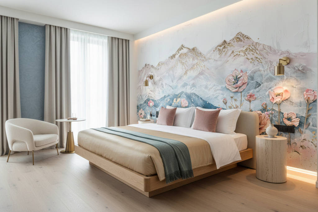 Papier peint montagnes pastels avec fleurs roses romantiques aquarelle - Hôtel