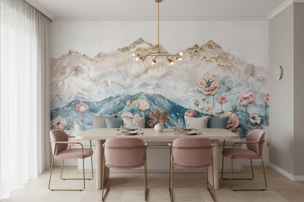 Papier peint montagnes pastels avec fleurs roses romantiques aquarelle - Salle à manger