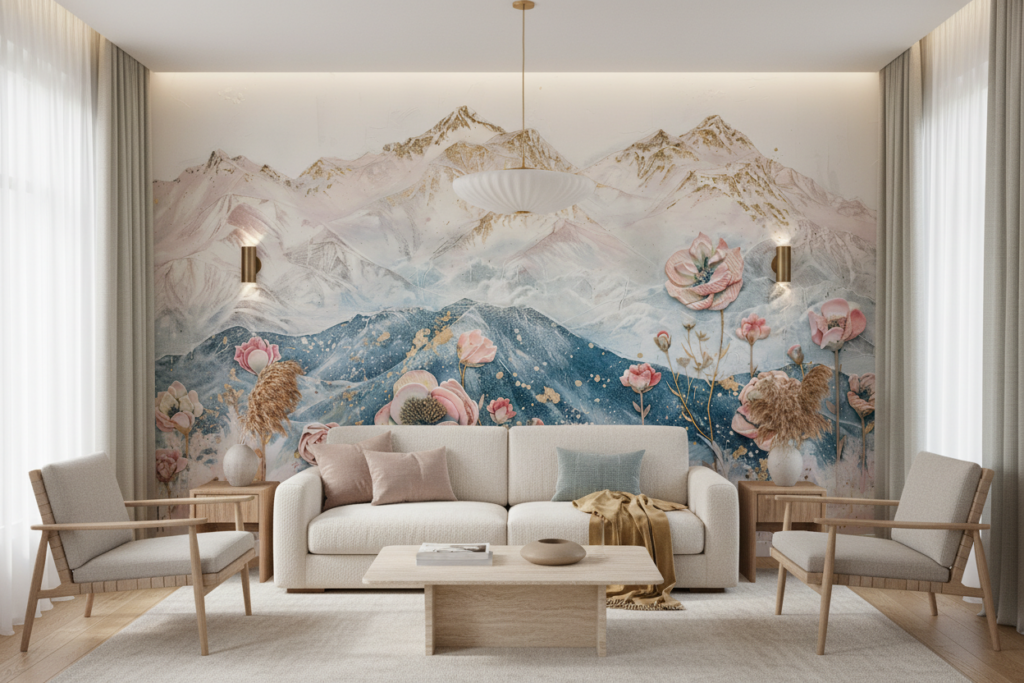 Papier peint montagnes pastels avec fleurs roses romantiques aquarelle - Salon / Séjour
