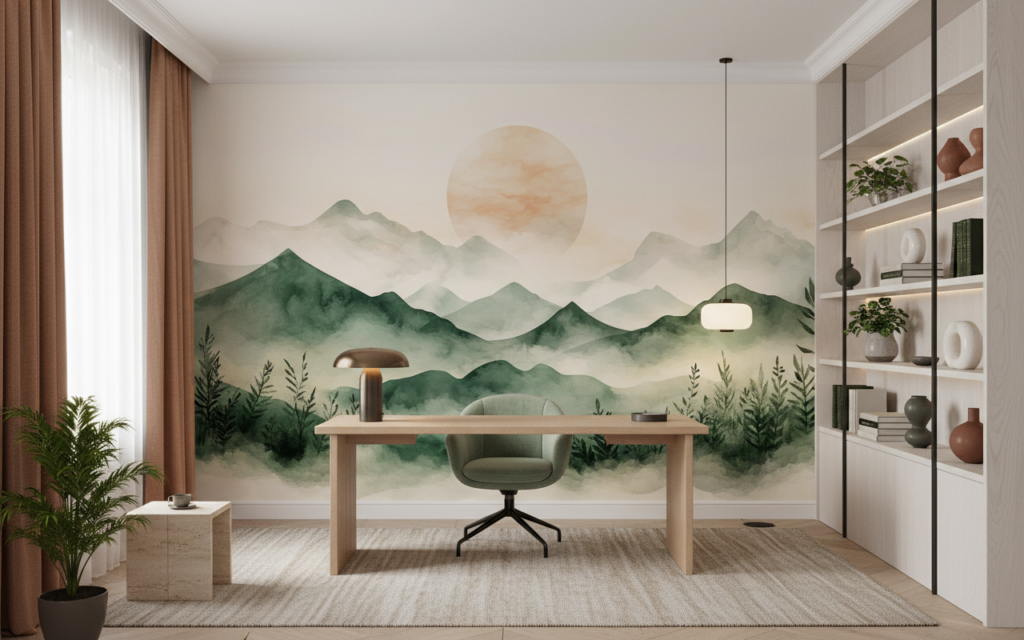 Papier peint montagnes vaporeuses avec coucher de soleil aquarelle zen - Bureau