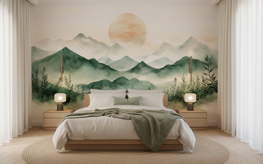 Papier peint montagnes vaporeuses avec coucher de soleil aquarelle zen - Chambre adulte