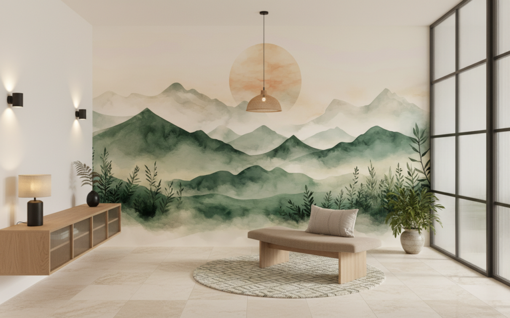 Papier peint montagnes vaporeuses avec coucher de soleil aquarelle zen - Entrée