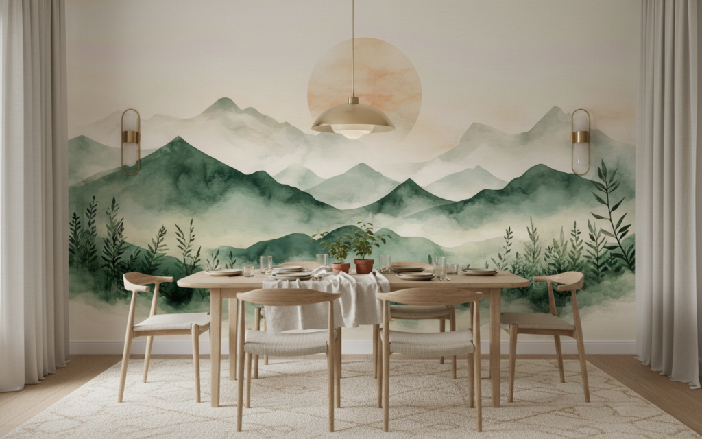 Papier peint montagnes vaporeuses avec coucher de soleil aquarelle zen - Salle à manger