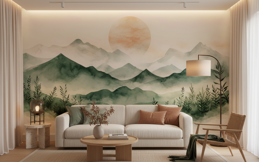 Papier peint montagnes vaporeuses avec coucher de soleil aquarelle zen - Salon / Séjour