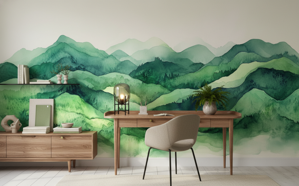 Papier Peint Montagnes Vertes Aquarelle Style Zen Nature - Bureau