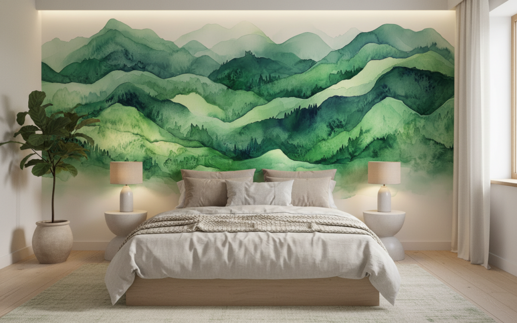 Papier Peint Montagnes Vertes Aquarelle Style Zen Nature - Chambre adulte