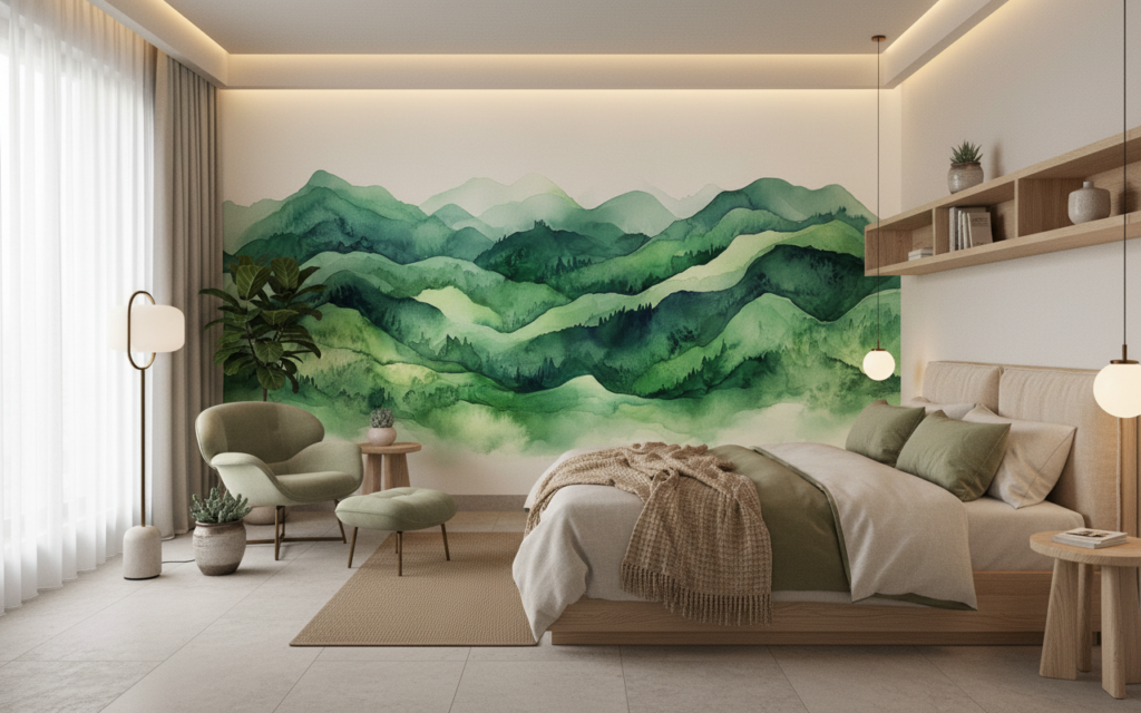 Papier Peint Montagnes Vertes Aquarelle Style Zen Nature - Hôtel