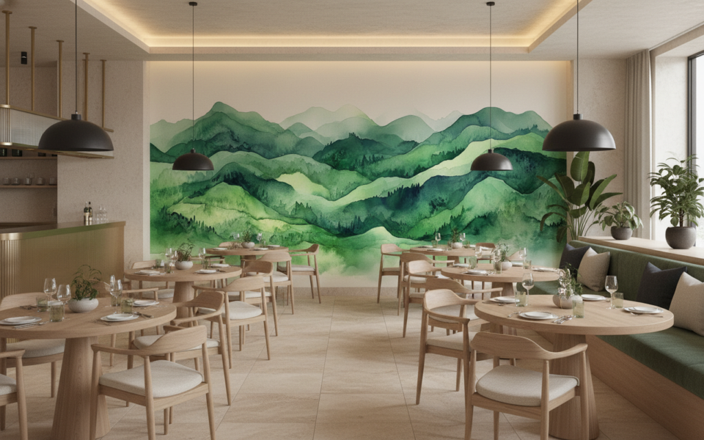 Papier Peint Montagnes Vertes Aquarelle Style Zen Nature - Restaurant