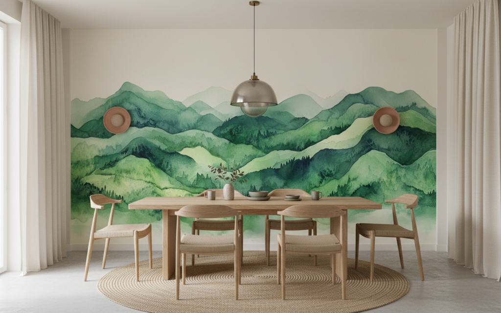 Papier Peint Montagnes Vertes Aquarelle Style Zen Nature - Salle à manger