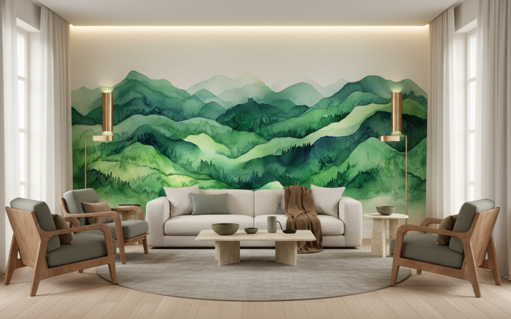 Papier Peint Montagnes Vertes Aquarelle Style Zen Nature - Salon / Séjour