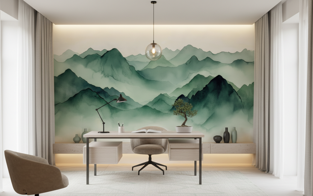 Papier Peint Montagnes Vertes Effet Aquarelle Style Zen Asiatique - Bureau