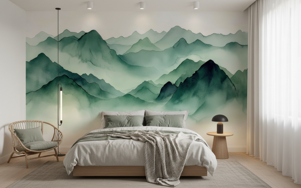 Papier Peint Montagnes Vertes Effet Aquarelle Style Zen Asiatique - Chambre adulte