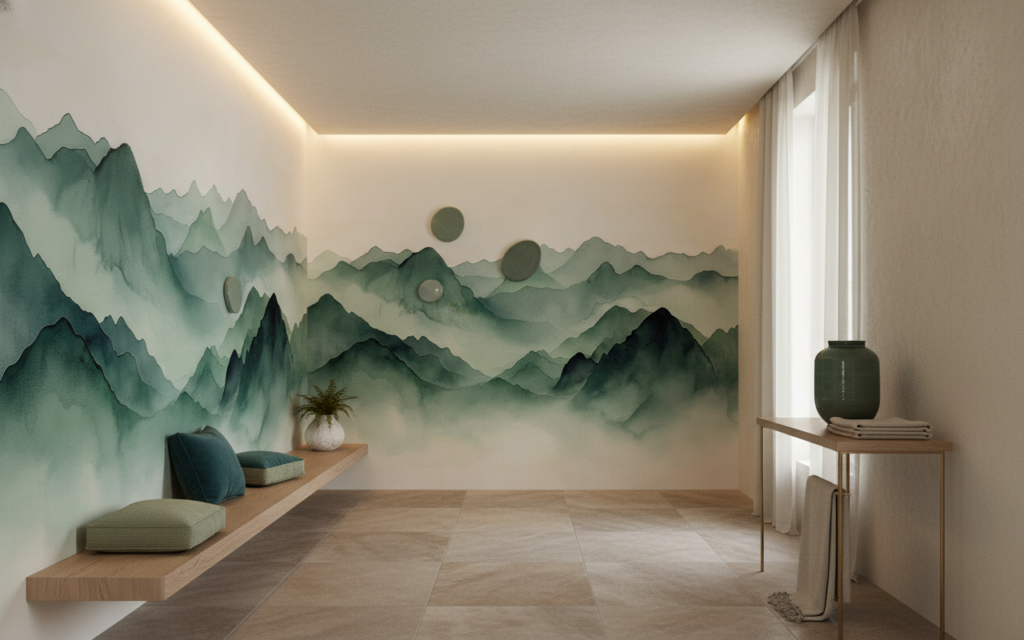 Papier Peint Montagnes Vertes Effet Aquarelle Style Zen Asiatique - Couloir