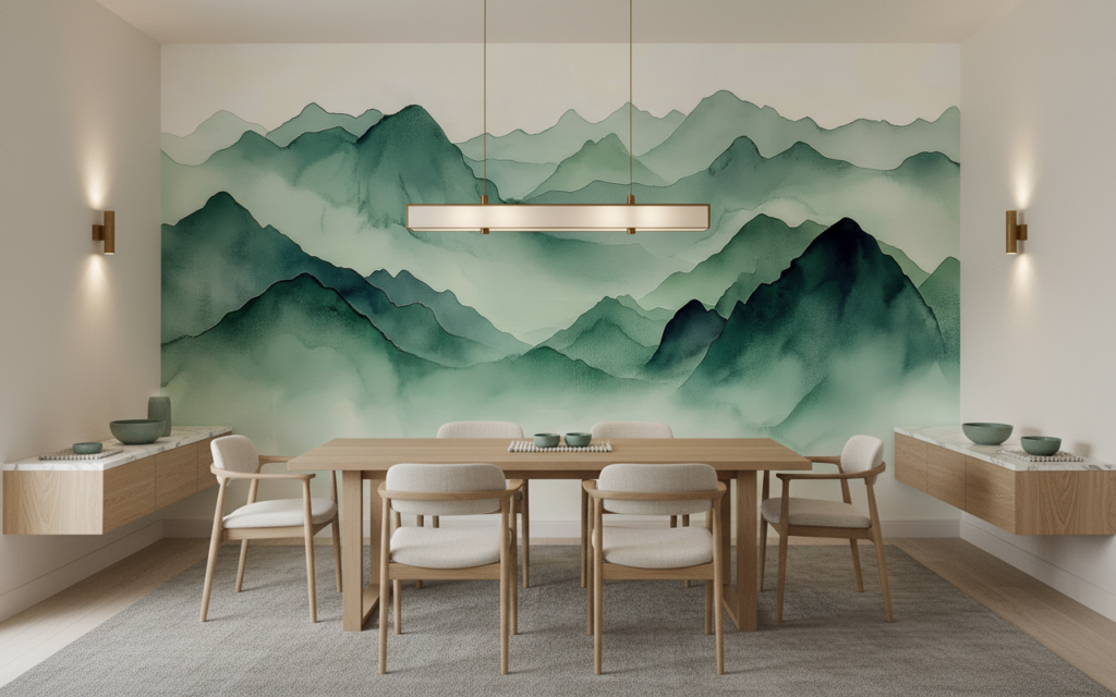 Papier Peint Montagnes Vertes Effet Aquarelle Style Zen Asiatique - Salle à manger