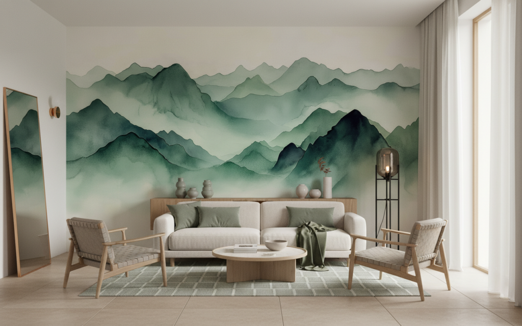 Papier Peint Montagnes Vertes Effet Aquarelle Style Zen Asiatique - Salon / Séjour
