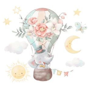Papier peint montgolfière éléphant avec fleurs aquarelle et étoiles dorées