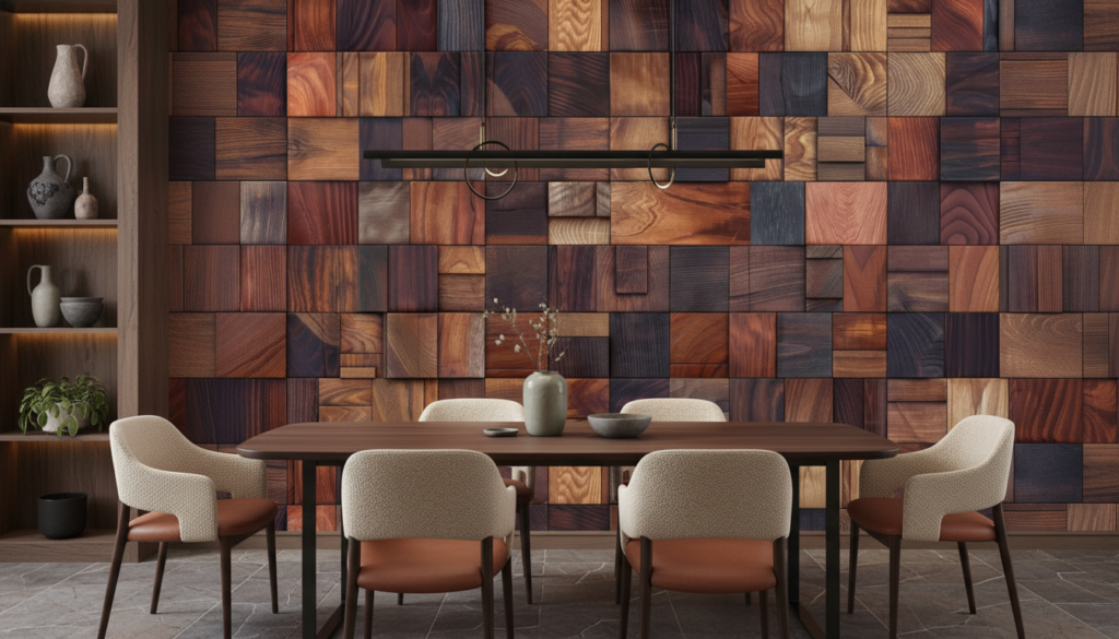 Papier Peint Mosaïque Bois Texturé Relief Naturel Chaleureux - Salle à manger