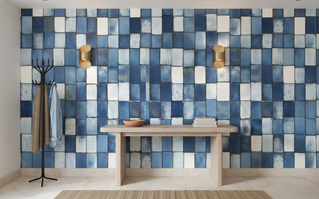 Papier Peint Mosaïque Carreaux Bleus et Blancs Effet Céramique - Entrée